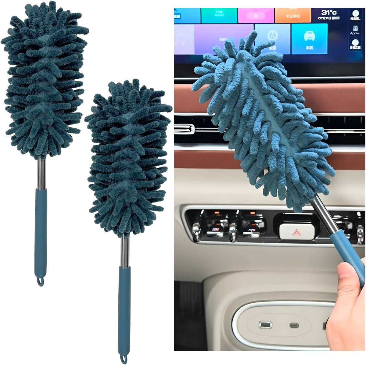 2PCS Car Interior Duster with Extension Pole, 11.8" to 30.5" Retractable Dusters Auto Dash Cleaning Tool, Soft Chenille Hand Washable Dusters for Car Window Furniture Office (Light Pink)