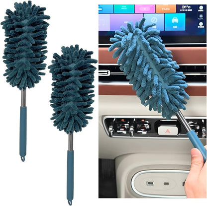 2PCS Car Interior Duster with Extension Pole, 11.8" to 30.5" Retractable Dusters Auto Dash Cleaning Tool, Soft Chenille Hand Washable Dusters for Car Window Furniture Office (Light Pink)