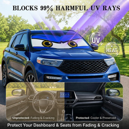 Car Windshield Sun Shade, Funny Cartoon Eyes Sun Visor for Car Windshield Universal Fits Sedan Compact Car Hatchback SUV, UV Heat Protection - 59 x 27.5