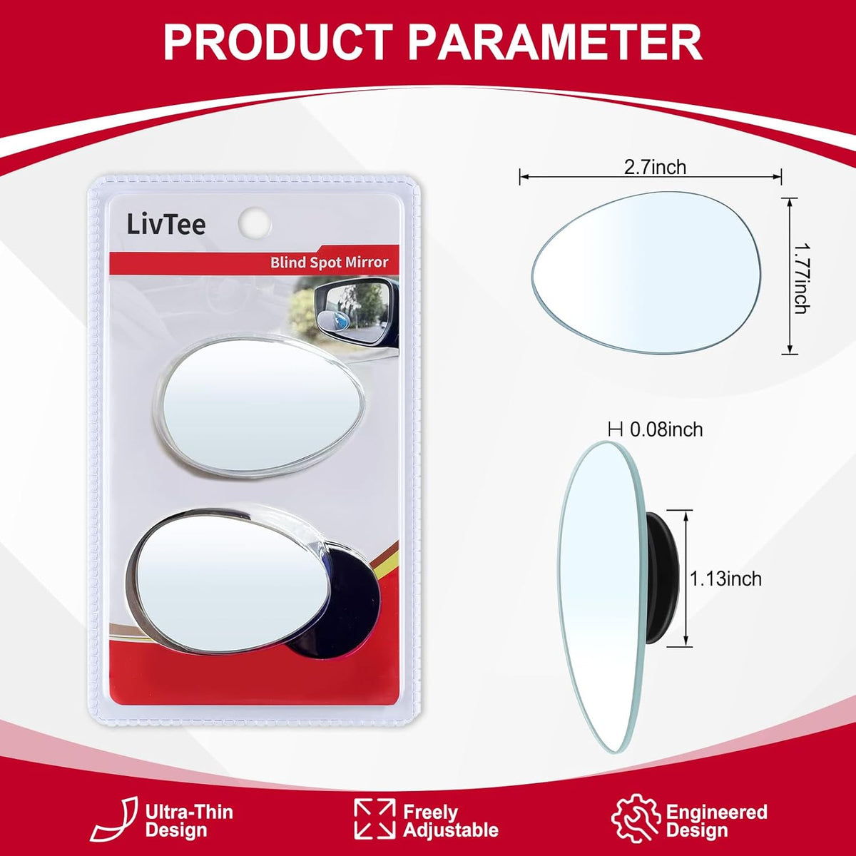 LivTee Blind Spot Mirrors, HD Glass Frameless Convex Rear View Mirrors, Wide Angle Adjustable Stick for Side Mirror, Automotive Exterior Accessories for Car, SUV & Trucks, Pack of 2