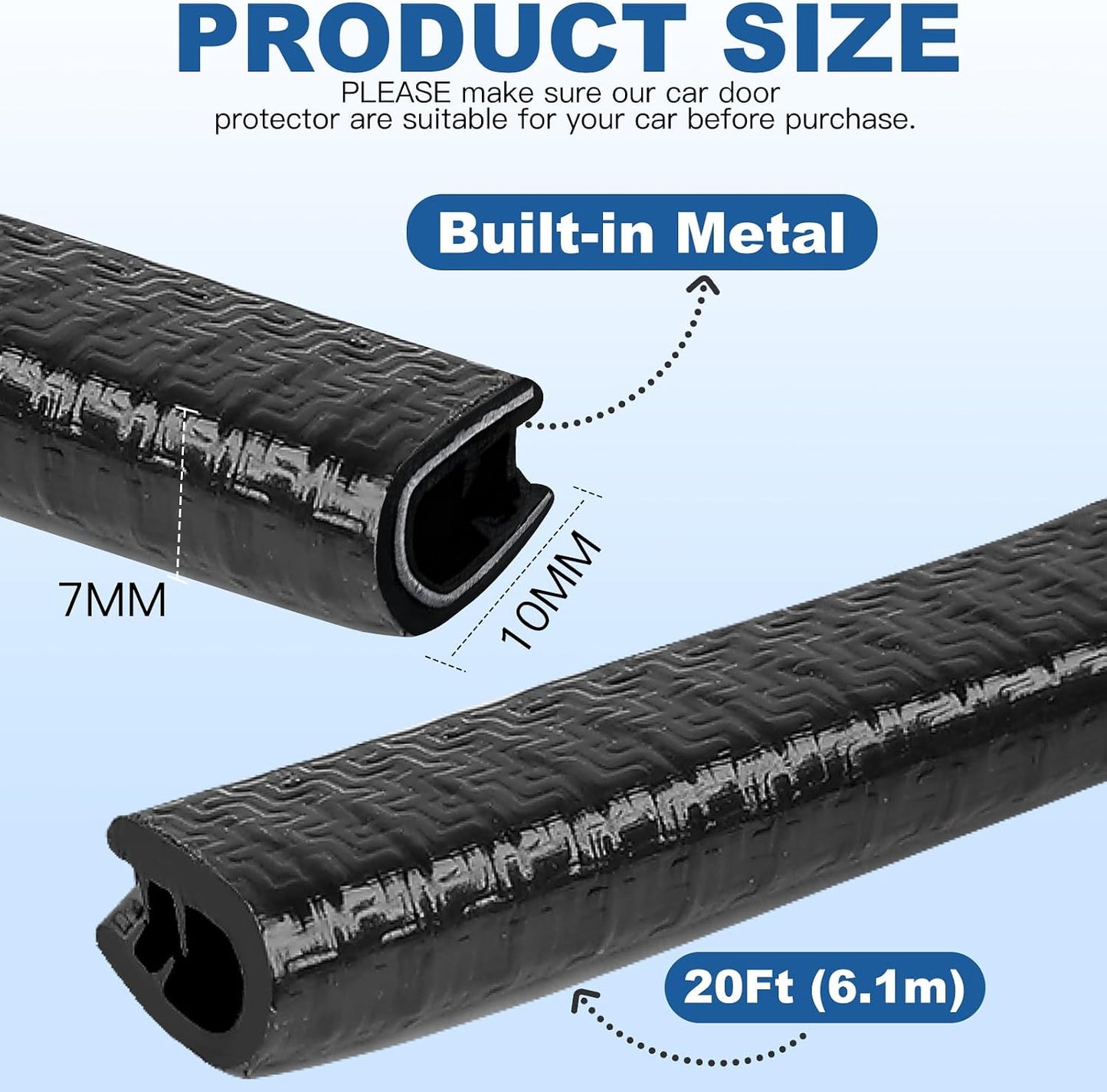REGUICORP 20Ft (6.1m) Car Door Edge Guards, U-Shaped Black Car Door Protector, Automotive Door Entry Guard Fit for Most Vehicles, Built-in Metal Clips, No Need Adhesive, Easy to Cut