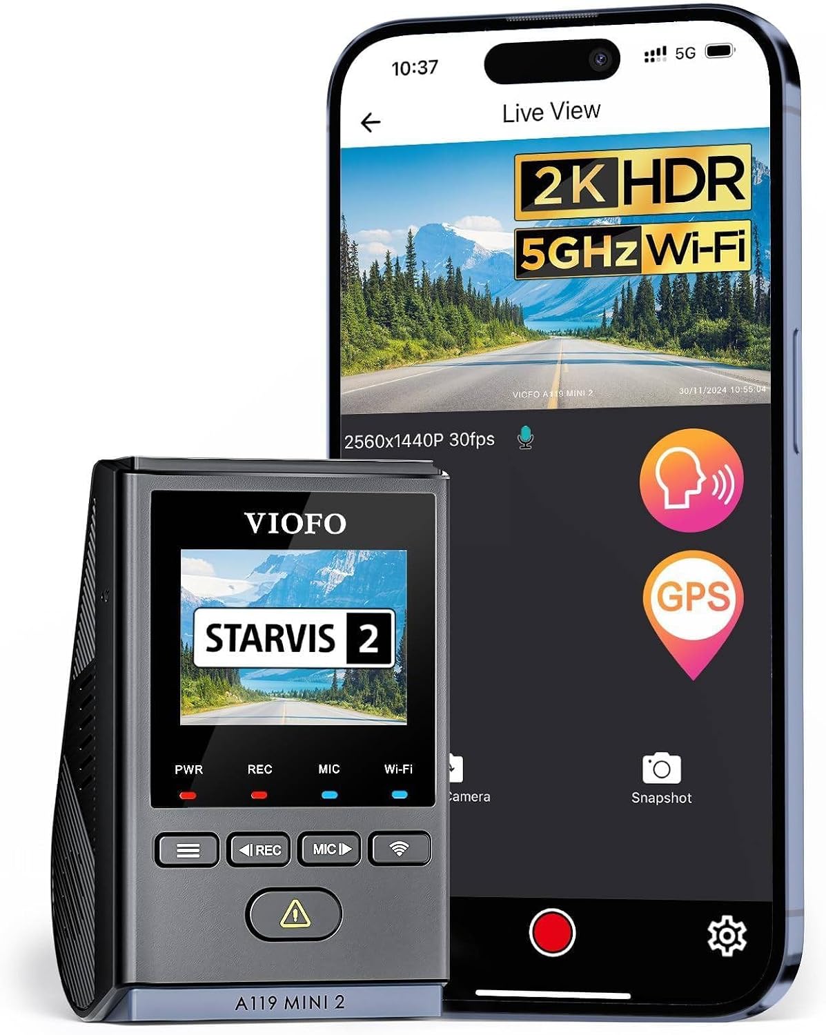 VIOFO Dash Cam A119 Mini 2, STARVIS 2 Sensor, 2K 60fps/HDR 30fps Voice Control Car Dash Camera with 5GHz Wi-Fi GPS, Night Vision 2.0, 24H Parking Mode, Supercapacitor (SD Card Not Included)