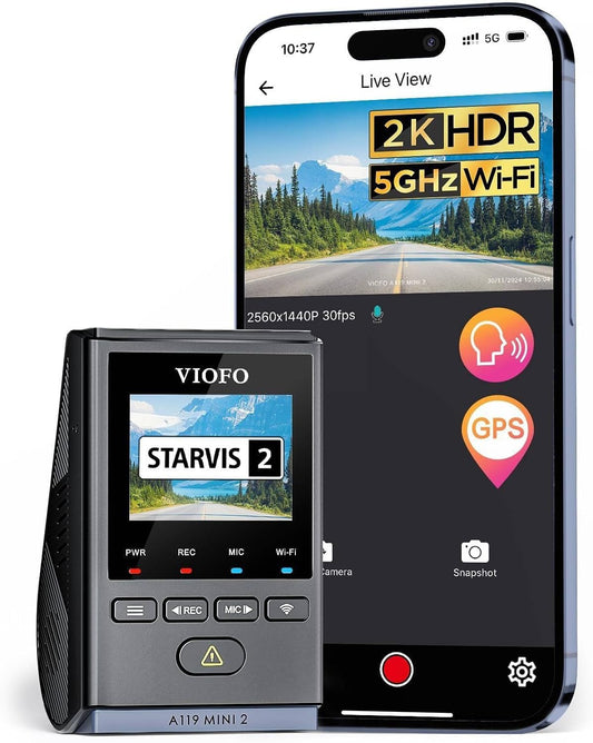 VIOFO Dash Cam A119 Mini 2, STARVIS 2 Sensor, 2K 60fps/HDR 30fps Voice Control Car Dash Camera with 5GHz Wi-Fi GPS, Night Vision 2.0, 24H Parking Mode, Supercapacitor (SD Card Not Included)