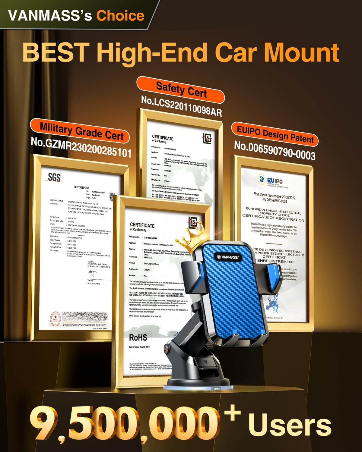 VANMASS【85+LBS Strongest Suction & Military-Grade Ultimate Car Phone Mount【Patent & Safety Certs】 Cell Phone Holder for Dash Windshield Vent for iPhone 17 Pro Max Automobile Accessory Kits,Ink Black