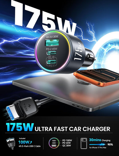 JOYROOM 175W Super Fast Car Charger [GaN] 3-Port Car Charger USB C Fast Charge with USB-C Cable, Car Cigarette Lighter USB Charger for iPhone 17/16/15, Samsung S26/25, Pixel 10, MacBook, iPad and More