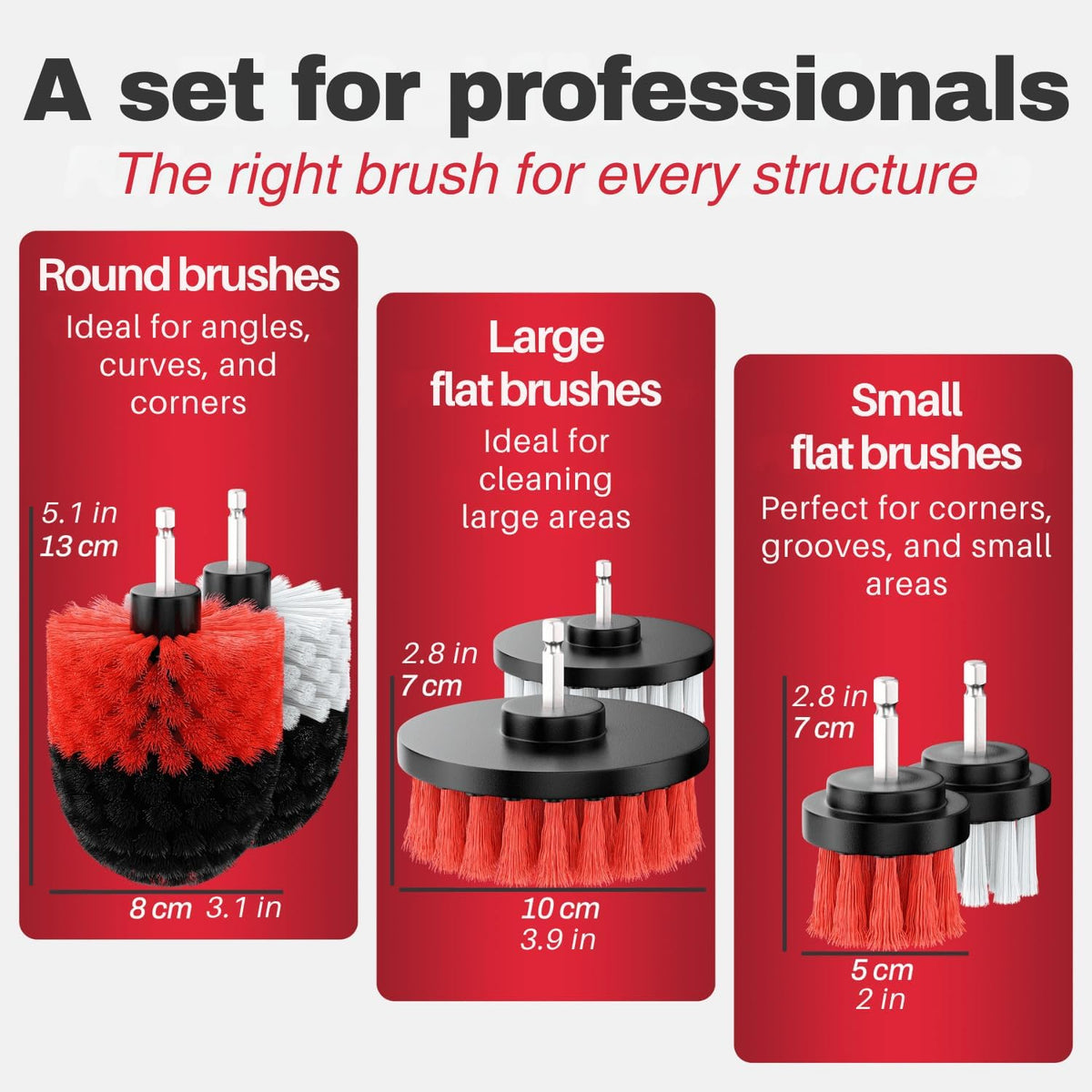 Drill Brush Attachments for Cleaning [Set of 6] Universally Cleans Cars, Rims, Upholstery, Tiles, and More I Brush Drill Attachment for Cleaning I Drill Brush for Car Detailing (Red-White-Black)