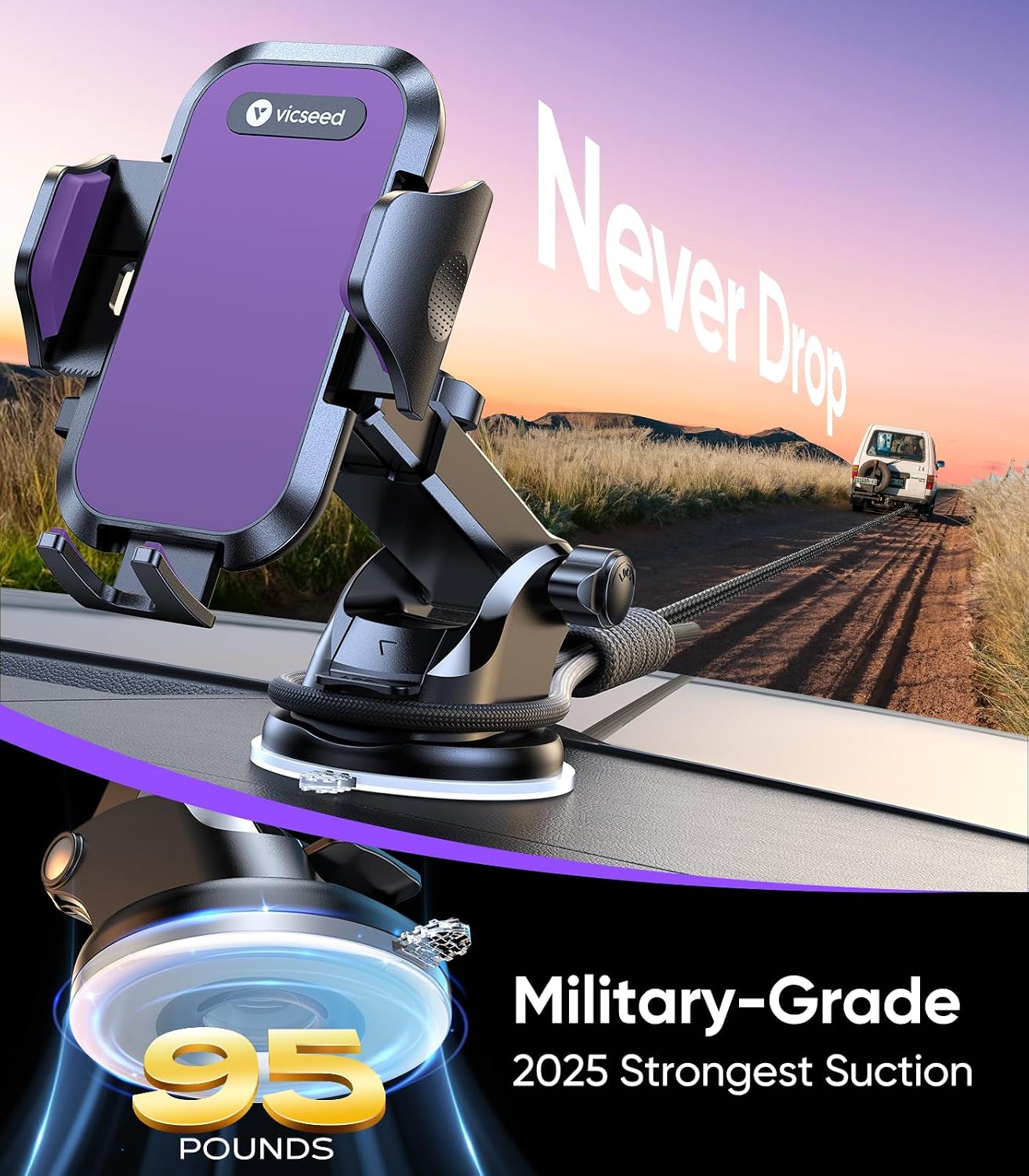 VICSEED 2026 Ultimate Sturdy Car Phone Holder [Upgraded 95+LBS Strongest Suction] Universal Long Arm Cellphone Mount for Car Dashboard Windshield Vent Truck Boat for iPhone 17 16 Pro Max & Android