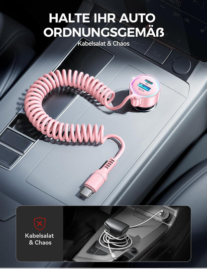 USB C 90W Car Charger for iPhone 17/16 Pro Max, PD & QC3.0 w/5 ft 45W Type Coiled Cable, Fast Car Phone Charger Adapter for iPhone 17Air/15 Pro, Samsung Galaxy S26/S25/S24, Pixel 10/LG/Android, iPad