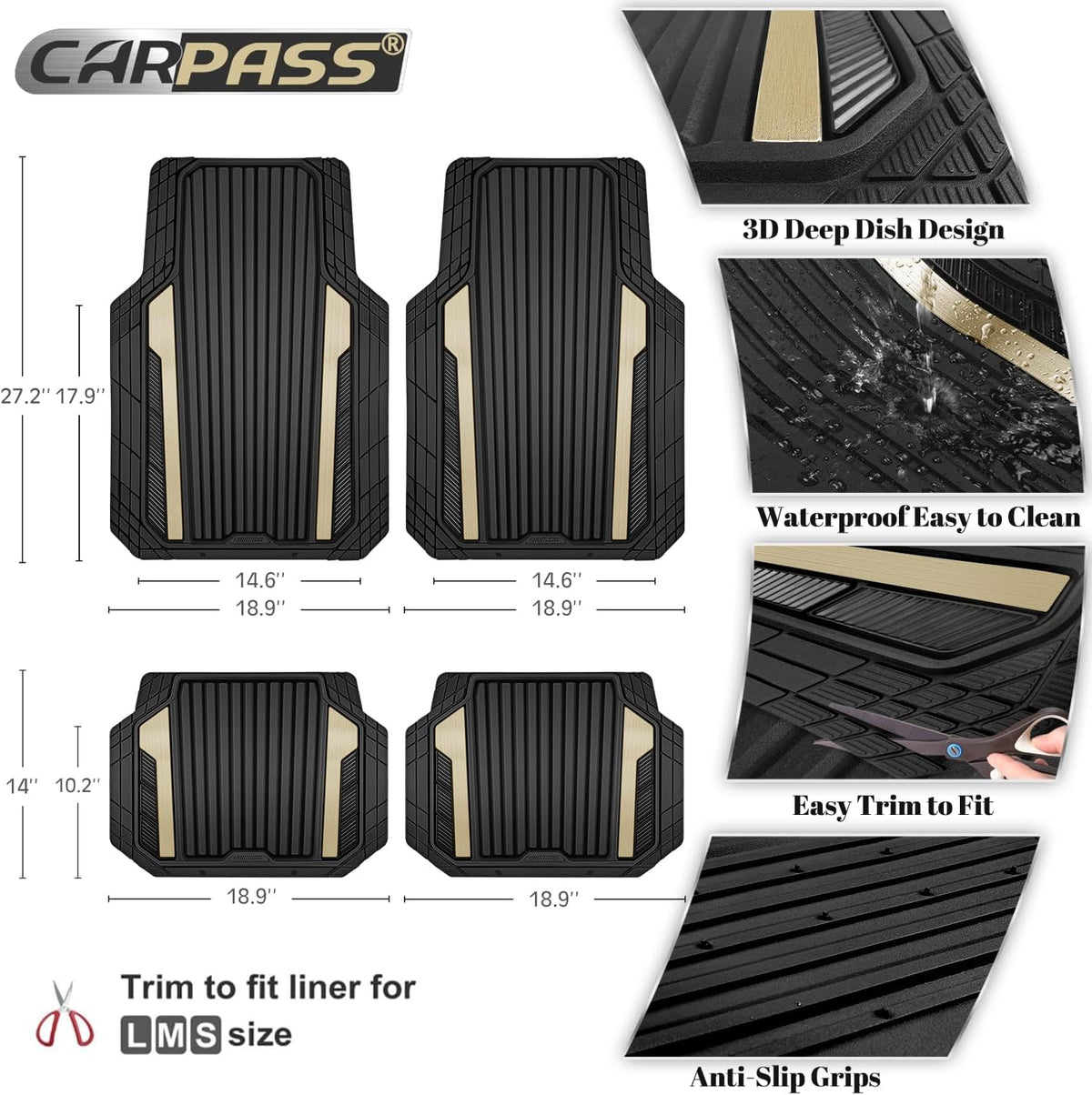 CAR PASS Heavy Duty Rubber Car Mats Metallic, Aluminum Film All Weather Floor Mats Waterproof Universal Trim to Fit Automotive SUV Sedan Van 4 Piece Anodized Deep Dish Two-Tone Sporty Black Red Chrome