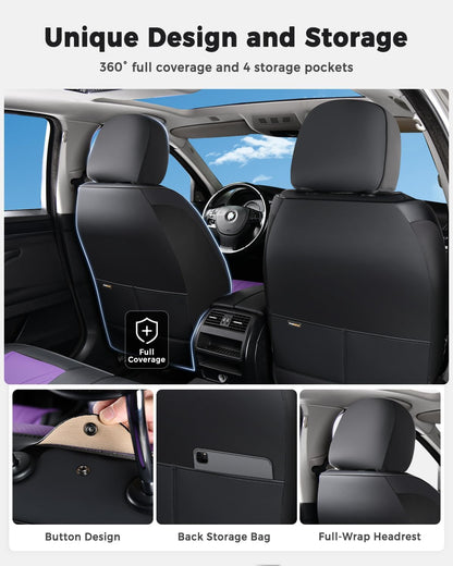 Huidasource Coffee Seat Covers Full Set, Universal Fit for Most Cars Trucks SUV, Full Coverage Leather Seat Cover, Airbag, Cupholder Compatible, Velcro Adjustable, Heaating/Cooling Function Retain