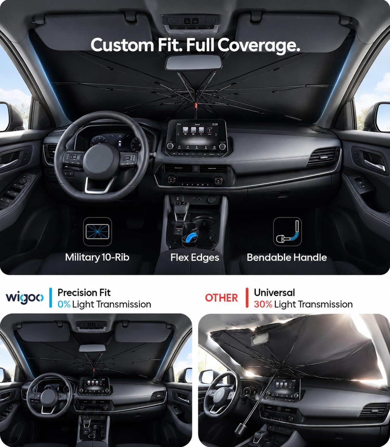Wigoo Windshield Sun Shade Umbrella for Tesla Model Y [100% Sun Blockage, Ice Cooling Fabric] Foldable Heat Insulation Front Window Sunshade Umbrella for Tesla Model Y 2020–2026 (Juniper)