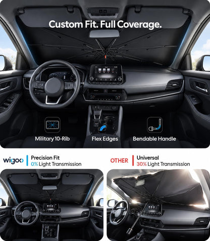 Wigoo Windshield Sun Shade Umbrella for Tesla Model Y [100% Sun Blockage, Ice Cooling Fabric] Foldable Heat Insulation Front Window Sunshade Umbrella for Tesla Model Y 2020–2026 (Juniper)