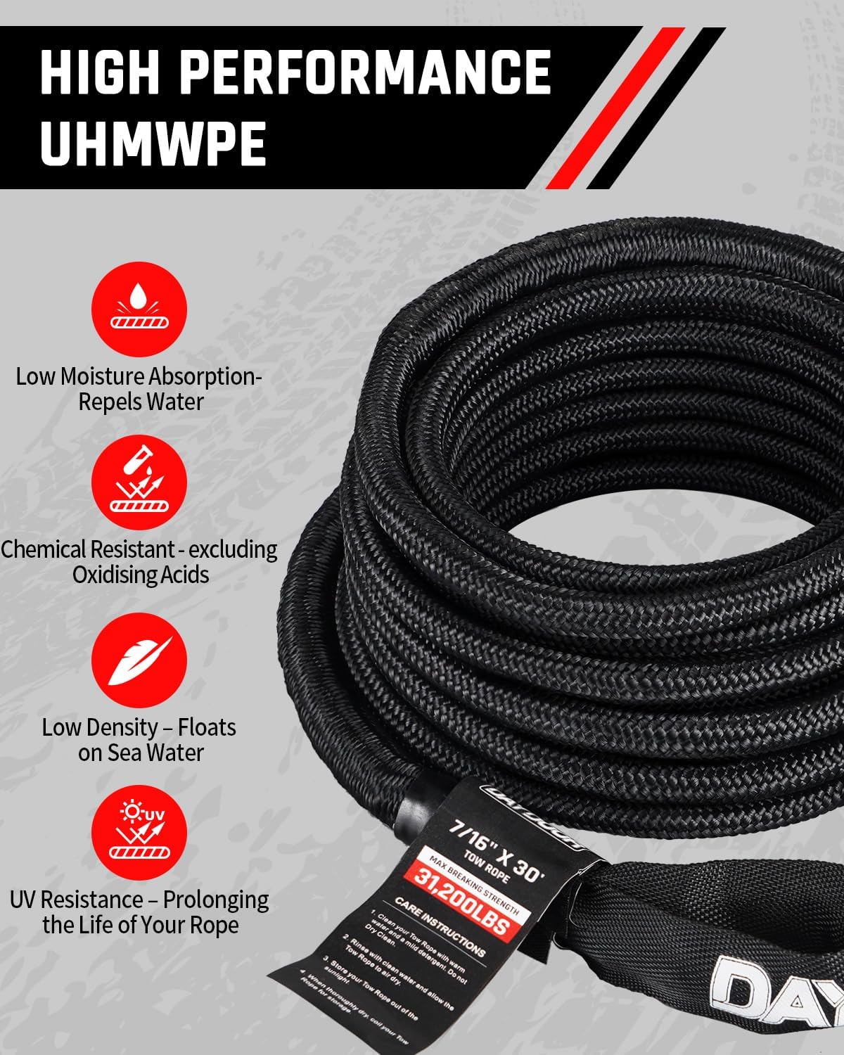 DAYDOOR Recovery Tow Rope Kit with 2 Soft Shackles, 7/16 Inch x 30 ft 31,200 Lbs UHMWPE Tow Strap, Synthetic Towing Rope Recovery Kit for ATV, UTV, SUV, Cars (Gray)