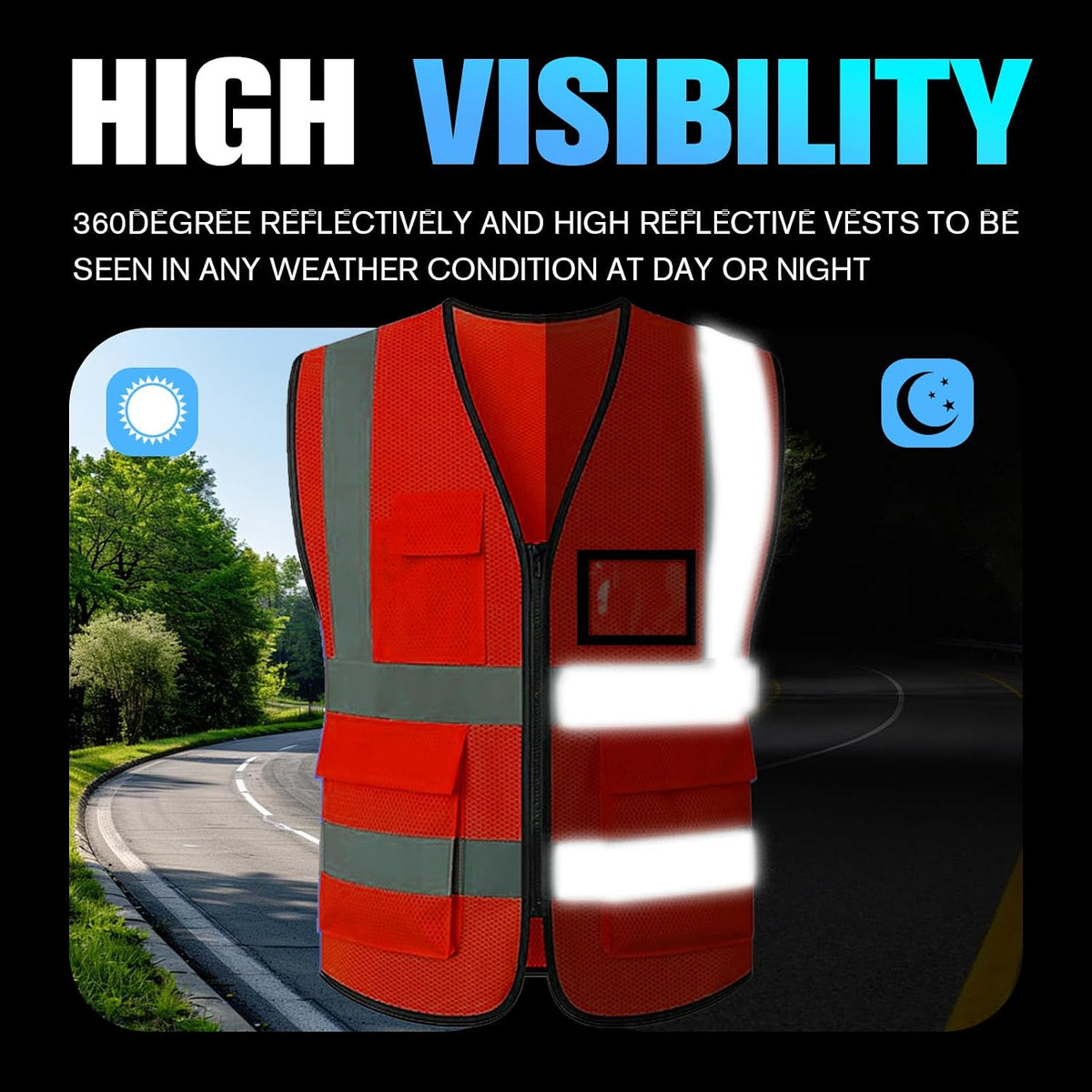 Reflective Mesh Safety Vest, Breathable Hi Vis Vest Construction Work with 5 Pockets and Zipper for Men Women