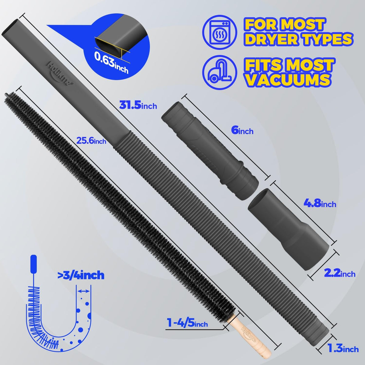 Holikme 2 Pieces Dryer Vent Cleaner Kit, Dryer Lint Vacuum Attachment and Flexible Dryer Lint Brush, Dryer Vent Vacuum Hose Attachment,Blue