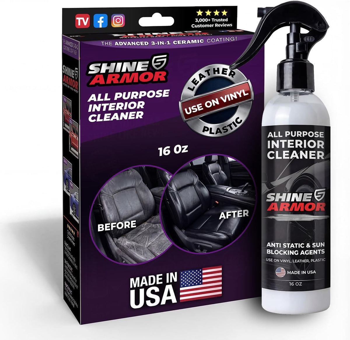SHINE ARMOR Car Interior Cleaner & Protectant - Interior Detailer Spray with UV Defense, Streak-Free Car Cleaning Spray for Dashboard, Leather, Vinyl, Plastic & Rubber - Trucks, SUVs & RVs - 8 fl oz