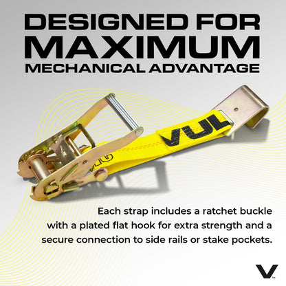 VULCAN Car Tie Down with Flat Hooks - Lasso Style - 2 Inch x 96 Inch - 4 Pack - Silver Series - 3,300 Pound Safe Working Load