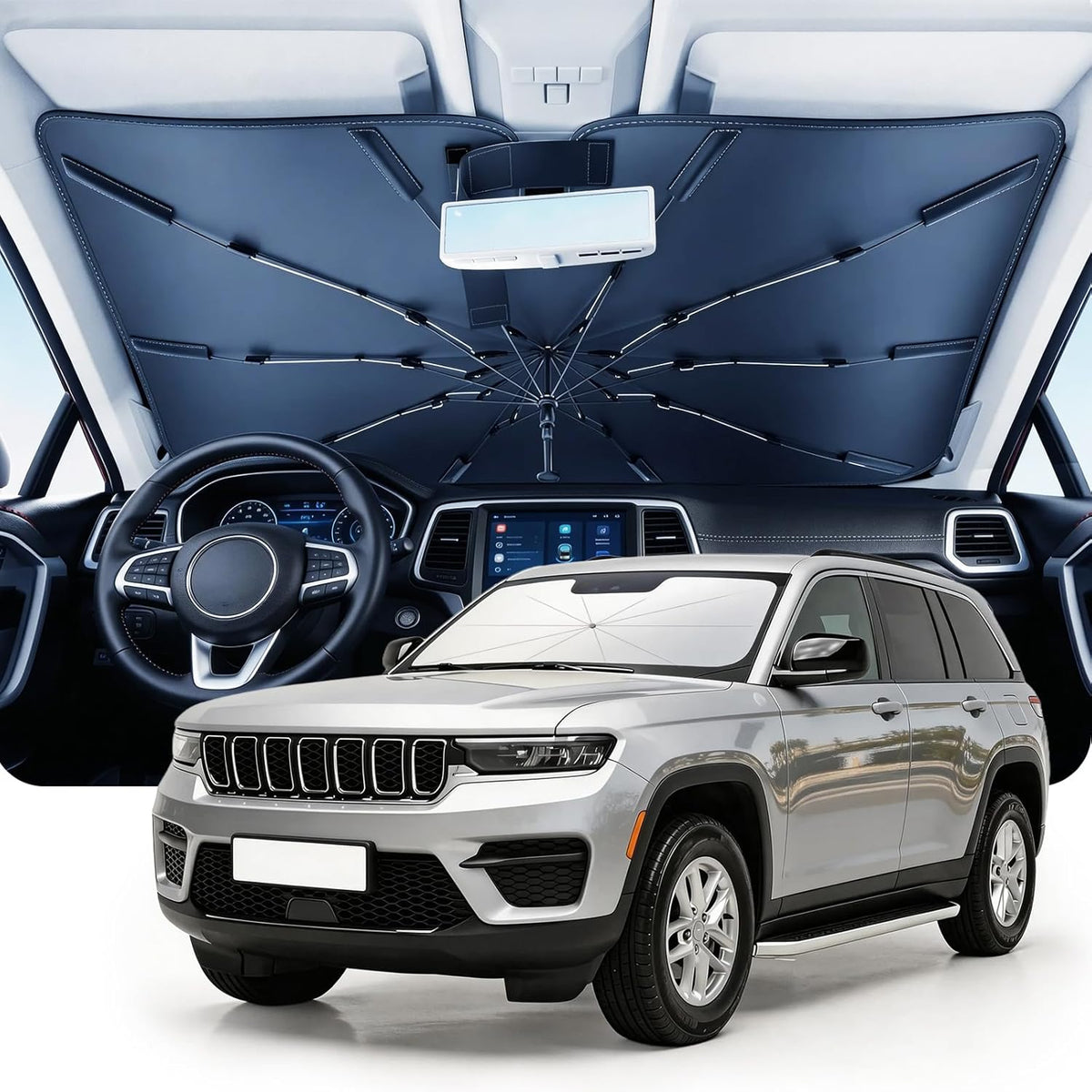DMJN Umbrella Windshield Sun Shade - Medium, Car Sunshade for Front Windshield [Nano Ice-Crystal Coatings] UPF50+ Heat & UV Block, Protect Interior & Keep Cooler Universal for Car, SUV, Truck
