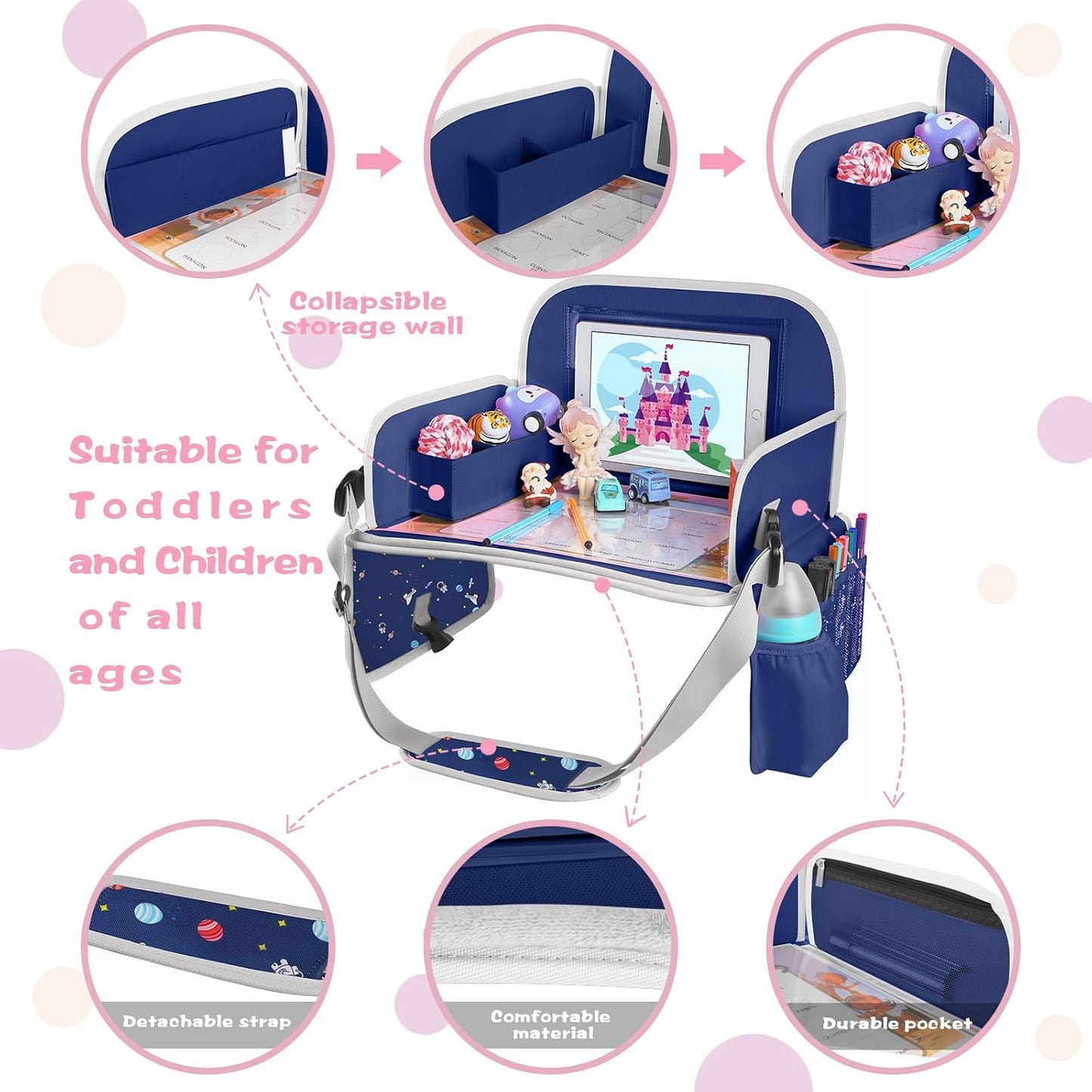 MENZOKE Kids Travel Tray for Toddler Car Seat, Road Trip Activities for Kids with iPad Holder Stand & Dry Erase Board, Road Trip Essentials Accessories Lap Tray as Travel Gifts for Kid, Pink