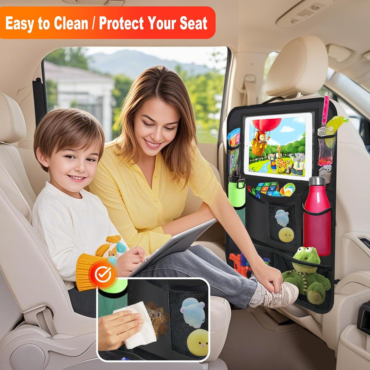 2Pack Car Backseat Organizer with Foldable Table Tray,6 Storage Pockets Car Storage Organizer with Tablet Holder,Car Seat Back Protectors Kick Mats Travel Accessories (Black)