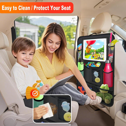 2Pack Car Backseat Organizer with Foldable Table Tray,6 Storage Pockets Car Storage Organizer with Tablet Holder,Car Seat Back Protectors Kick Mats Travel Accessories (Black)
