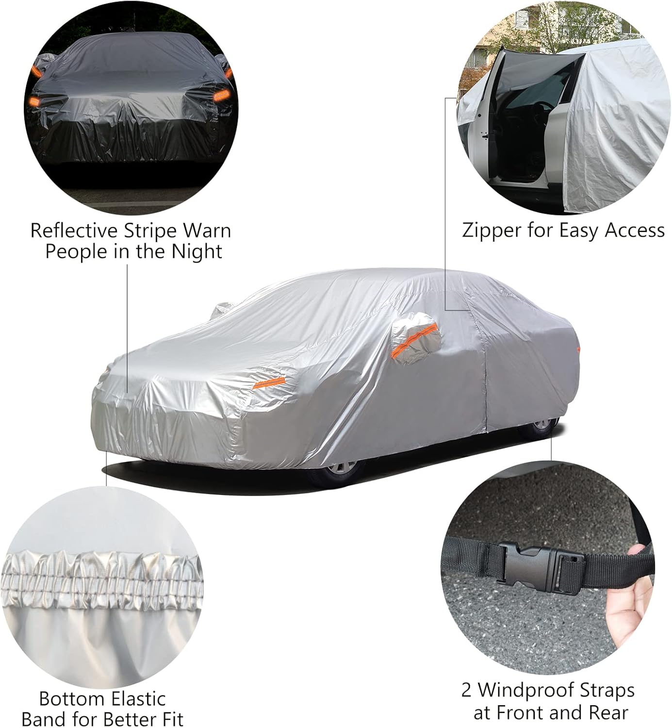SEAZEN Car Cover with Zipper, 2 Layer Full Car Covers Waterproof/UV Protection/Snowproof/Dustproof, Universal Car Cover (Fit Sedan-Length Up to 200")