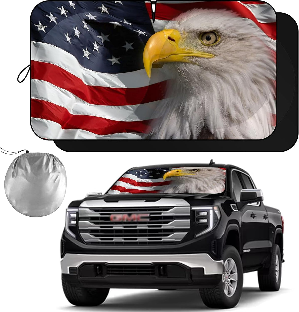 SEPORUD Windshield Sun Shade New American Eagle Flag USA Patriotic Design - Folding Car Front Window Sunshade for Cars SUV Trucks, Max UV Blocking and Keep The Vehicle Cool(64"x33.5")