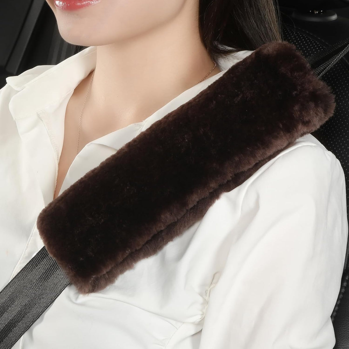 AOGELAN 2 Pack Black Fluffy Fuzzy Genuine Sheepskin Car Seat Belt Cover Pad, Seatbelt Cushion for Soft Auto Lambswool Shoulder Strap Cushion Adults (2, Black)