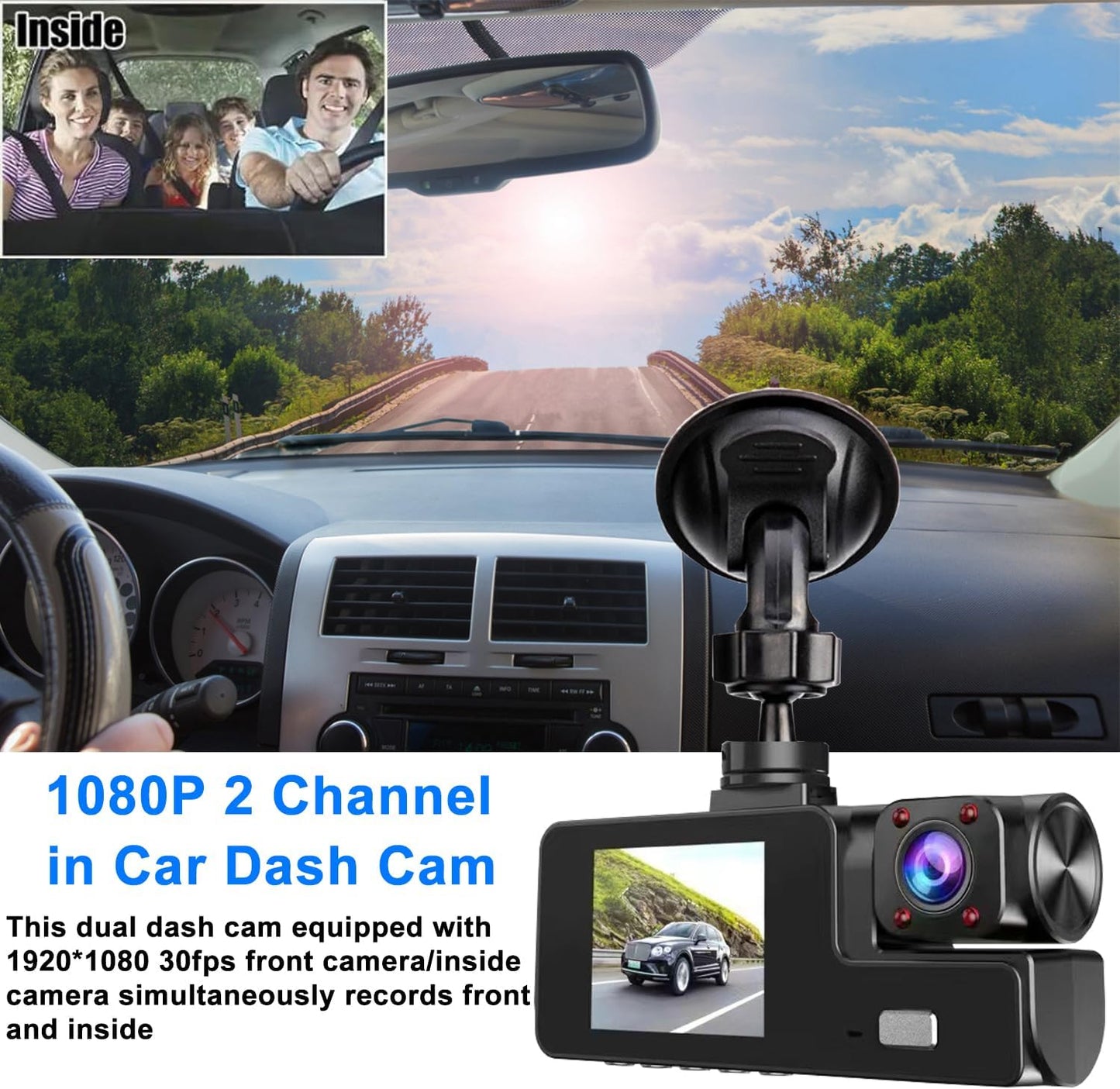 1080P Dual Dash Camera for Car Front and Inside Dashcam Car Security Video Recorder,170°Wide Angle Vehicle Cam,WDR,G-Sensor,2’’ IPS Screen,Loop Recording,Night Vision (Dual Dash Cam Without Card)