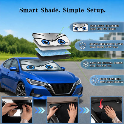 Car Windshield Sun Shade, Funny Cartoon Eyes Sun Visor for Car Windshield Universal Fits Sedan Compact Car Hatchback SUV, UV Heat Protection - 59 x 27.5