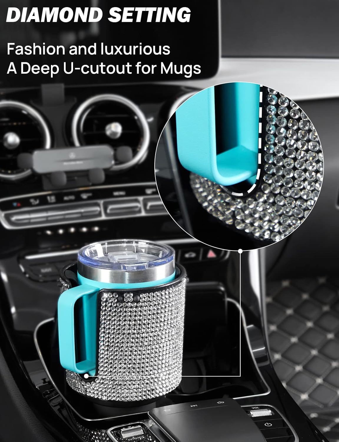 JOYTUTUS Upgraded Car Cup Holder Expander with Offset Base, Fit for YETI, Hydro Flask, Large Cup Holder Expander for Car Hold 18-40 oz Bottles and Mugs, Other Bottles in 3.4"-3.8"(Bling)