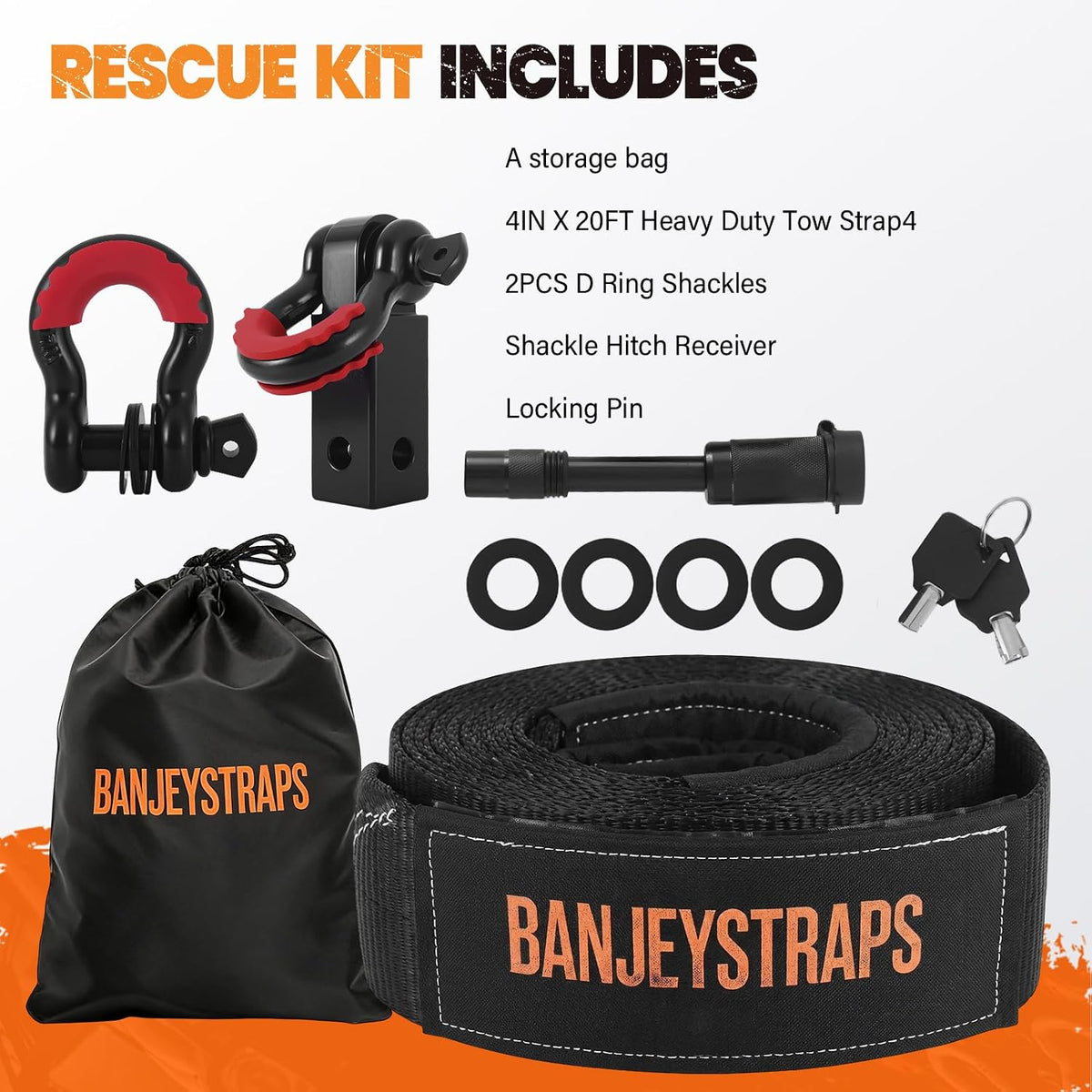 45,000 lb Recovery Tow Strap Kit with 3/4" Shackles（2pcs） - 4" x20' Heavy Duty Snatch Strap for Off-Road Truck & Jeep Recovery, Includes Storage Bag for SUV & 4x4 Vehicle Emergency