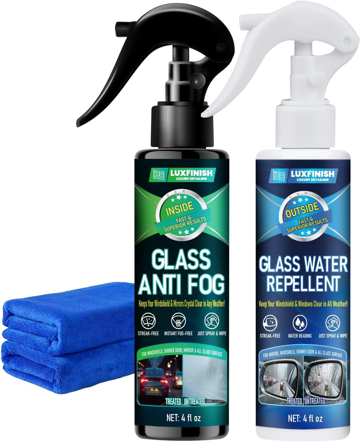 Water Repellent & Anti-Fog Spray | Quick Interior & Exterior Car Glass Bundle for Long-Lasting Clear Vision | Hydrophobic Coating for Windshield Windows Mirrors Glasses Helmets & Swim Masks