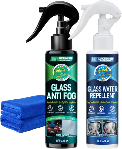 Water Repellent & Anti-Fog Spray | Quick Interior & Exterior Car Glass Bundle for Long-Lasting Clear Vision | Hydrophobic Coating for Windshield Windows Mirrors Glasses Helmets & Swim Masks