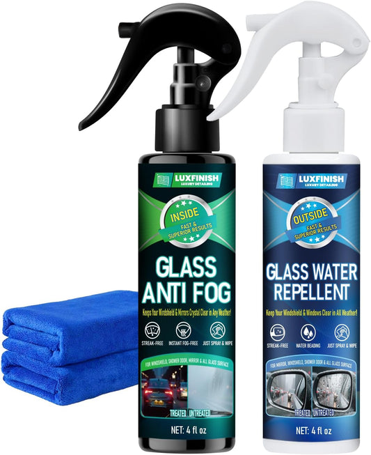 Water Repellent & Anti-Fog Spray | Quick Interior & Exterior Car Glass Bundle for Long-Lasting Clear Vision | Hydrophobic Coating for Windshield Windows Mirrors Glasses Helmets & Swim Masks