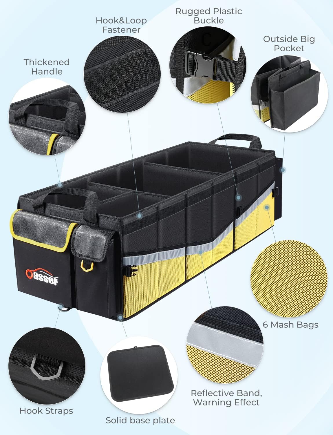 Oasser Car Trunk Organizer, 3 Compartments Collapsible Waterproof Car Organizer Storage with Foldable Cover, Reflective Strip, Non-Slip Bottom, 4 Mesh Pockets for SUV/Truck/Sedan/Camping/Road Trip