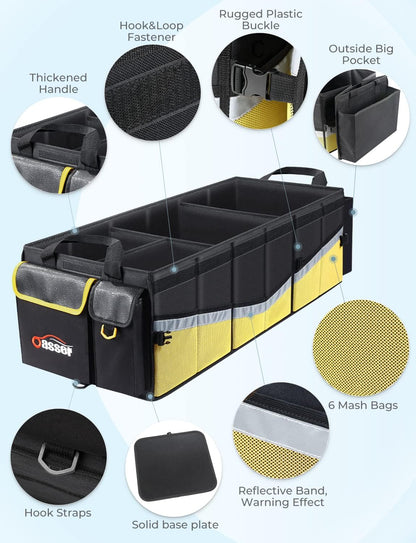 Oasser Car Trunk Organizer, 3 Compartments Collapsible Waterproof Car Organizer Storage with Foldable Cover, Reflective Strip, Non-Slip Bottom, 4 Mesh Pockets for SUV/Truck/Sedan/Camping/Road Trip