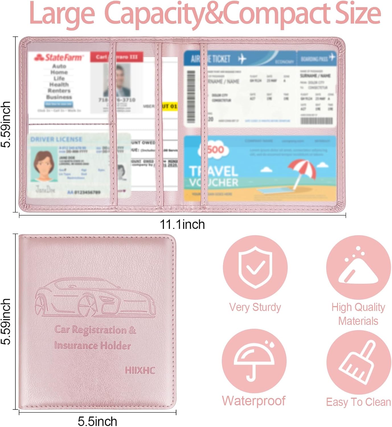 Car Registration and Insurance Card Holder - Leather Vehicle Glove Box Automobile Documents Paperwork Wallet Case Organizer for ID, Driver's License, Key, Cards - Car Accessories for Women&Men