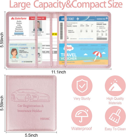 Car Registration and Insurance Card Holder - Leather Vehicle Glove Box Automobile Documents Paperwork Wallet Case Organizer for ID, Driver's License, Key, Cards - Car Accessories for Women&Men