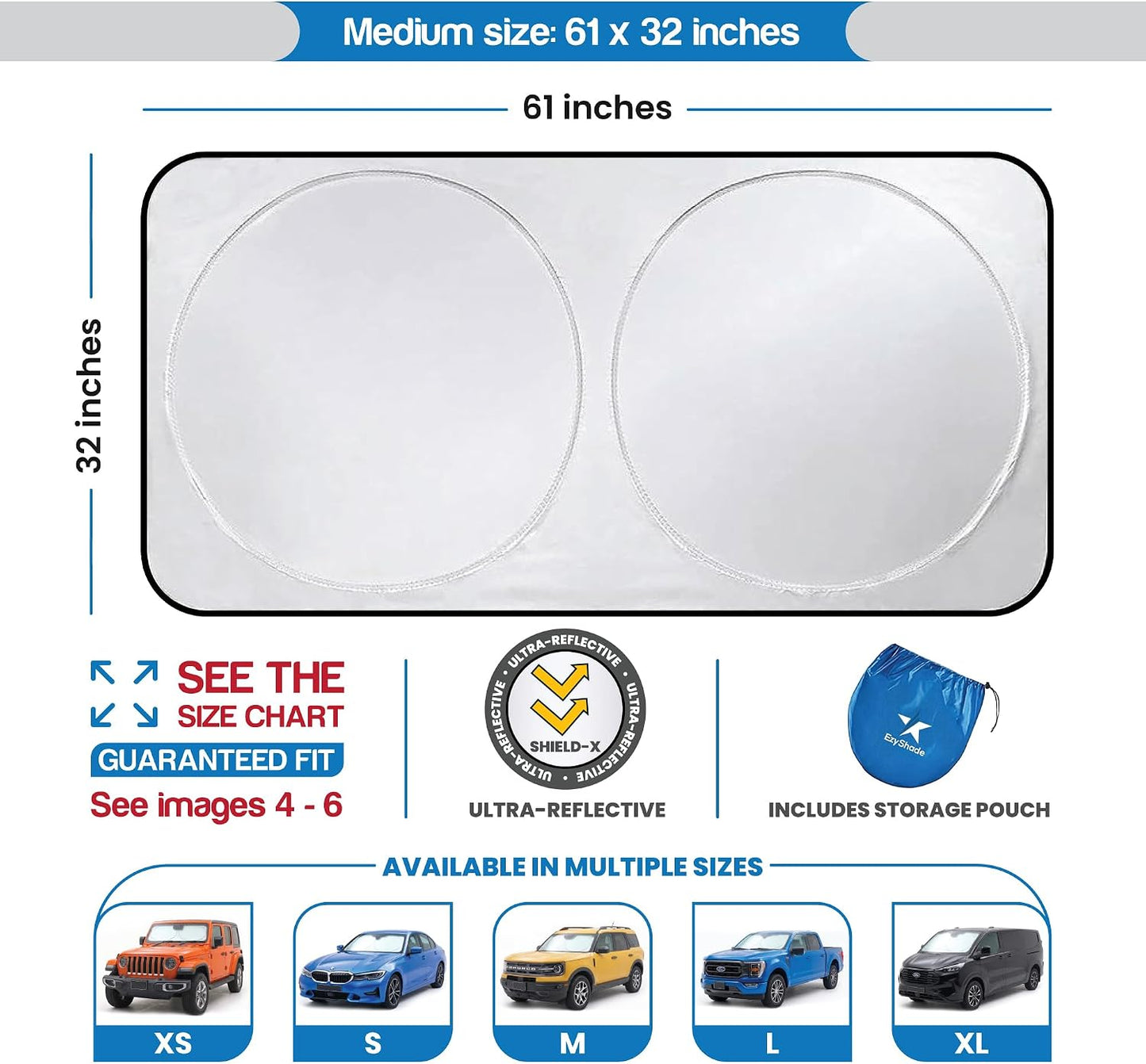 EzyShade Windshield Sun Shade with Shield-X Reflective Technology. See Size-Chart with Your Vehicle. Foldable 2-Piece Car Sunshades Reflect UV Sun and Heat and Protect Your Car. Standard (Medium) Size