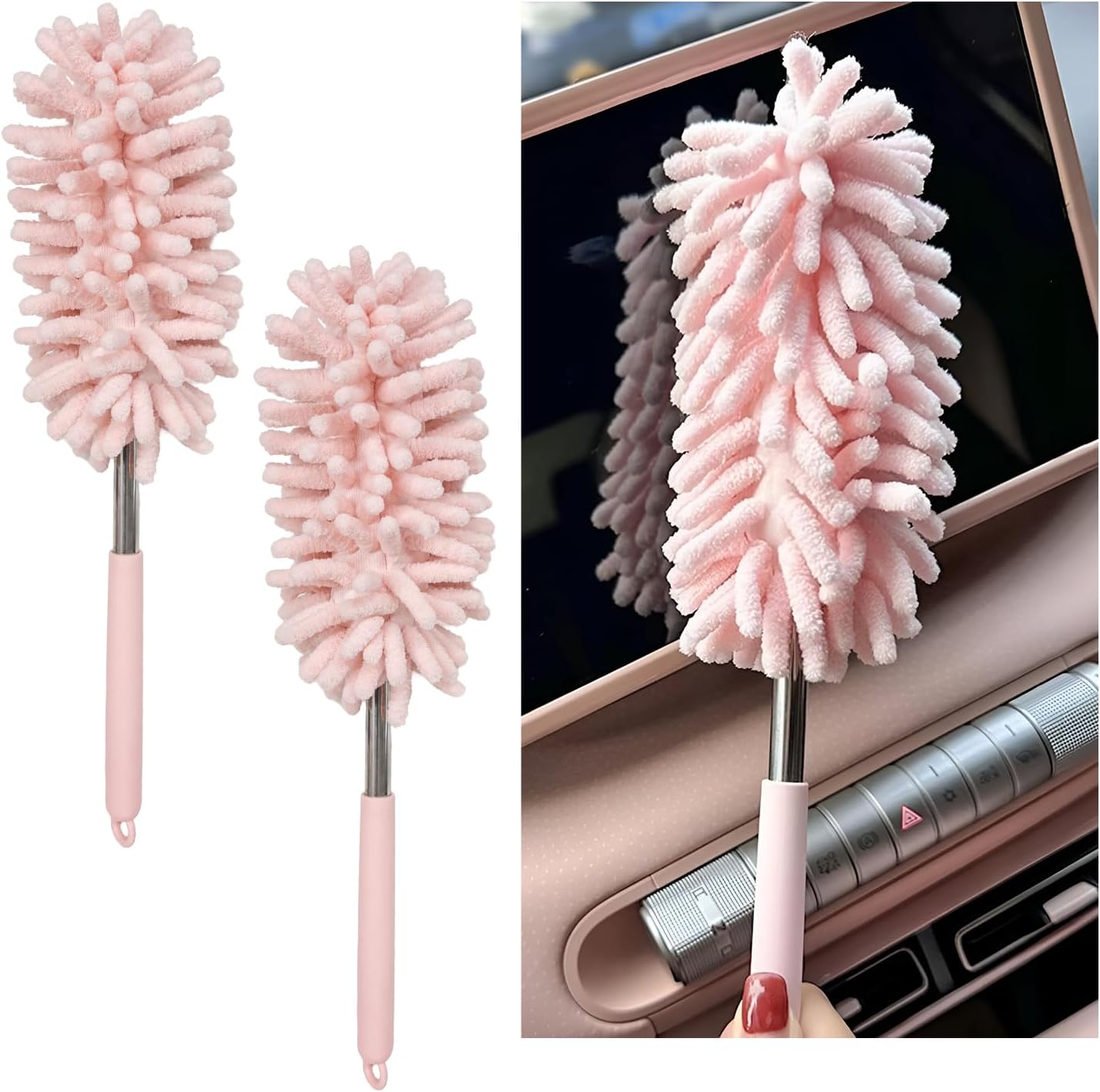 2PCS Car Interior Duster with Extension Pole, 11.8" to 30.5" Retractable Dusters Auto Dash Cleaning Tool, Soft Chenille Hand Washable Dusters for Car Window Furniture Office (Light Pink)