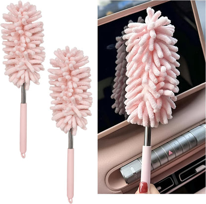 2PCS Car Interior Duster with Extension Pole, 11.8" to 30.5" Retractable Dusters Auto Dash Cleaning Tool, Soft Chenille Hand Washable Dusters for Car Window Furniture Office (Light Pink)