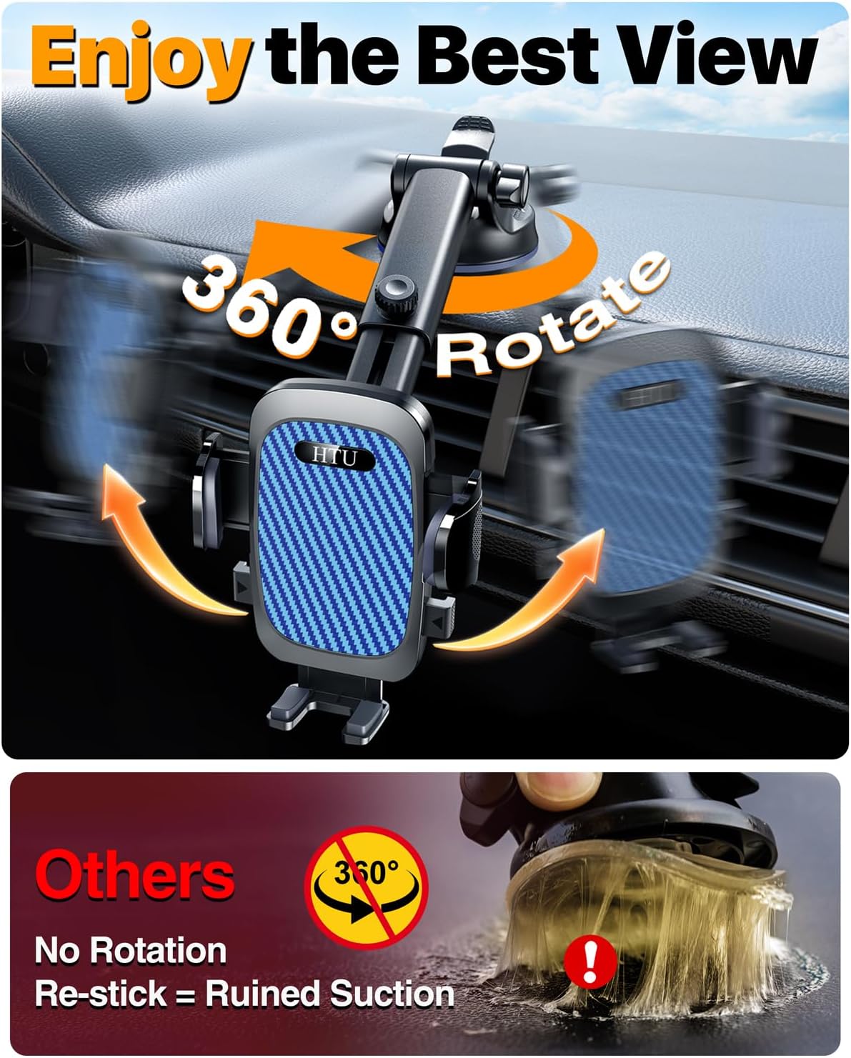 2026 Ultimate Best【True Military-Grade & Safety Cert】Car Phone Holder HTU【Upgraded 360 Rotation & 100+LBS Strongest Suction】5-in-1 Truck Windshield Dashboard Vent Mount Stand for iPhone Android, Black