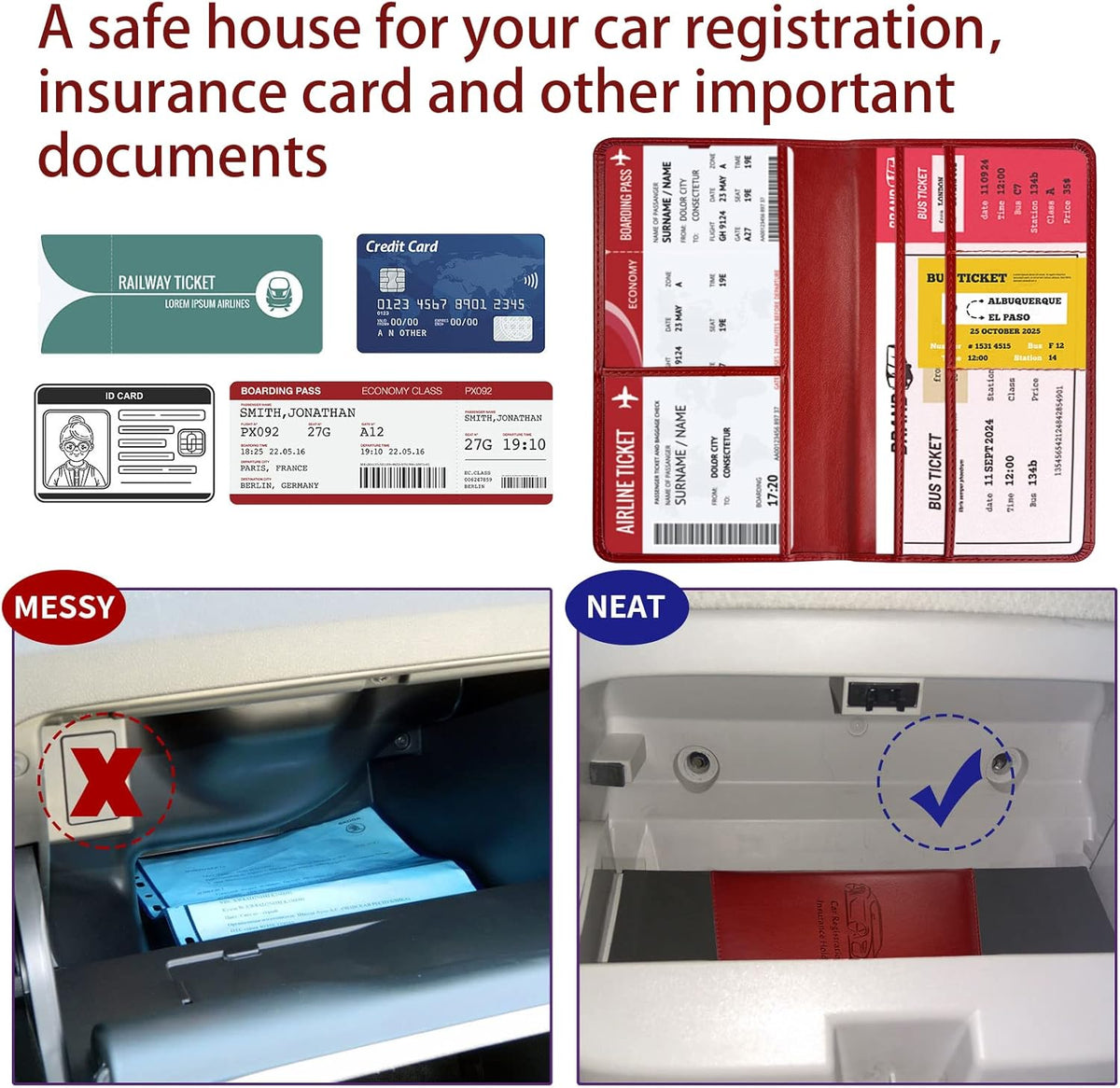 Car Registration and Insurance Card Holder - Leather Vehicle Glove Box Automobile Documents Paperwork Wallet Case Organizer for ID, Driver's License, Key, Cards - Car Accessories for Women&Men