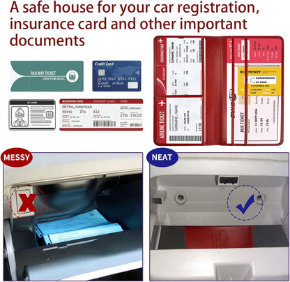 Car Registration and Insurance Card Holder - Leather Vehicle Glove Box Automobile Documents Paperwork Wallet Case Organizer for ID, Driver's License, Key, Cards - Car Accessories for Women&Men
