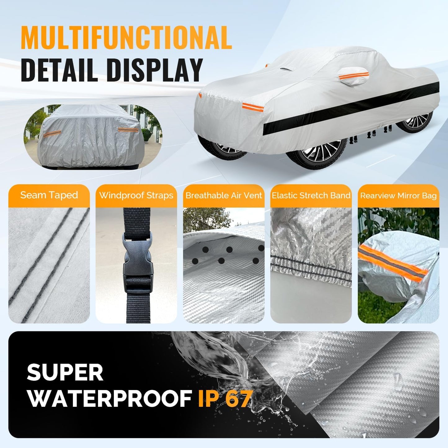 30 Layers Car Cover for Automobiles All Weather Waterproof, Outdoor Snowproof UV Protection Windproof, Door Zipper, Soft Cotton, Heavy Duty Universal Car Covers, (Silver, Fit Sedans 171"-180")