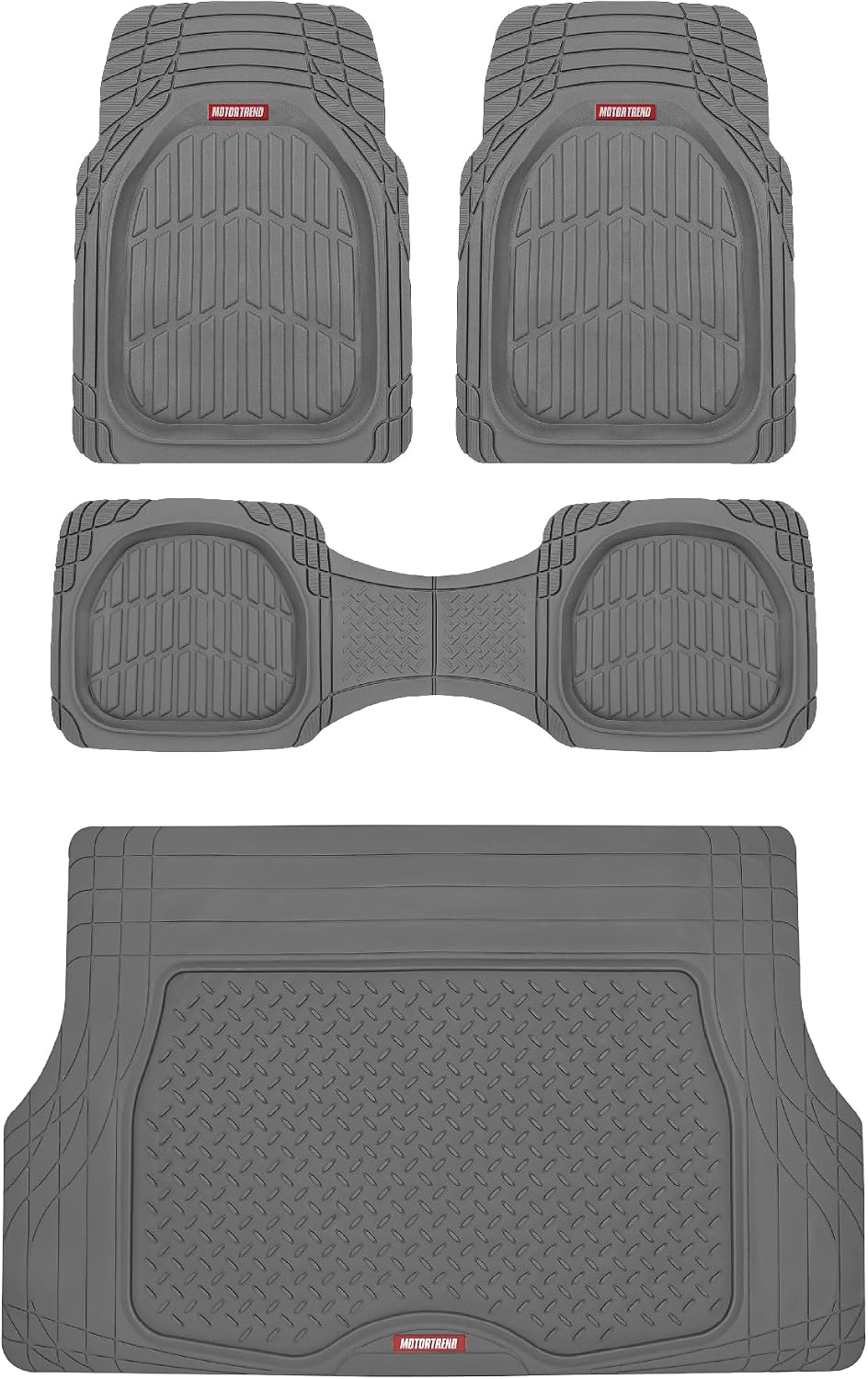 Motor Trend FlexTough 4-Piece Heavy Duty Floor Mats for Cars Trucks SUVs, Automotive Floor Mats Car Mats Full Set Front, Rear & Cargo, Trim-To-Fit Semi-Custom Deep Dish All Weather Rubber Mats - Black