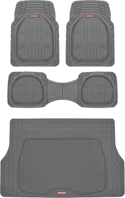 Motor Trend FlexTough 4-Piece Heavy Duty Floor Mats for Cars Trucks SUVs, Automotive Floor Mats Car Mats Full Set Front, Rear & Cargo, Trim-To-Fit Semi-Custom Deep Dish All Weather Rubber Mats - Black