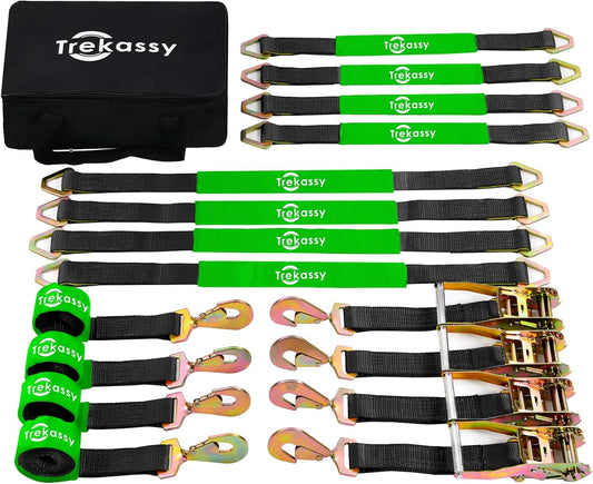 Trekassy Car Tie Down Straps for Trailers with Snap Hooks, Ratchet Straps for Car, Truck, UTV & More, 10000 lb Break Strength, Includes (8) Axle Straps