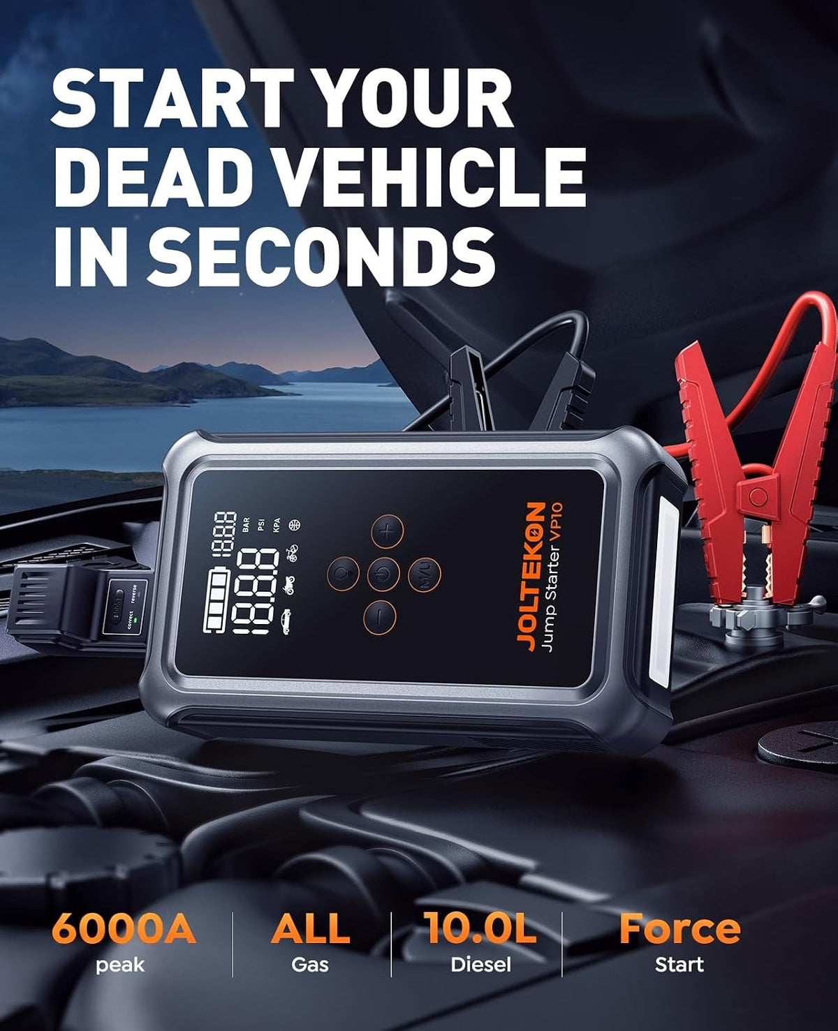 Car Battery Jump Starter with Air Compressor 6000A 150PSI, Car Jumper Starter Portable (All Gas/10L Diesel), Jump Box Car Battery with Auto-Shutoff Tire Inflator, Jumper Cables and Light